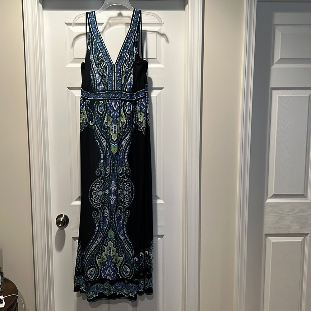 Black maxi with blue and green floral designs and silver gems
